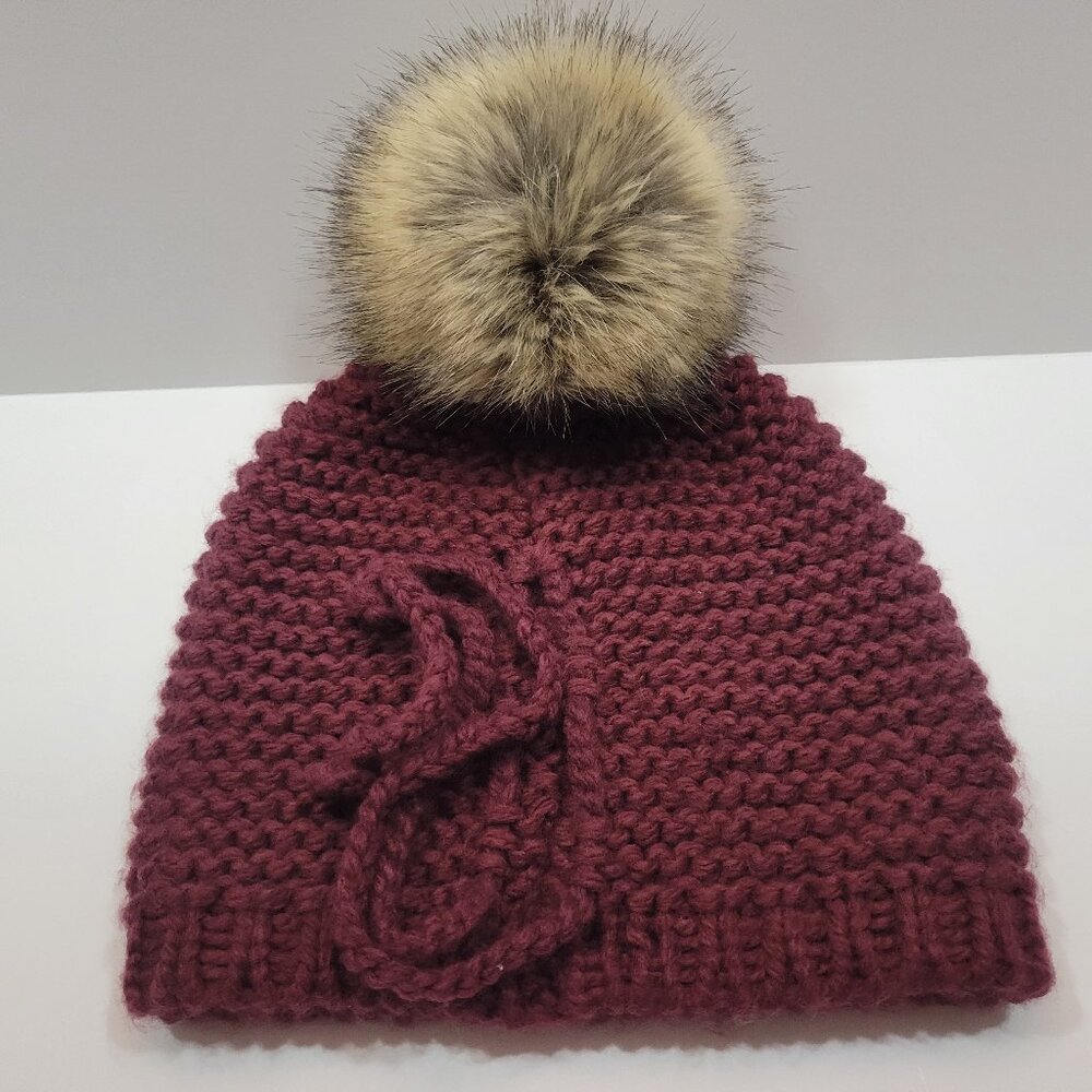 Anthropologie Pom Beanie Handmade Coral Wool Faux Fur Cap Hat